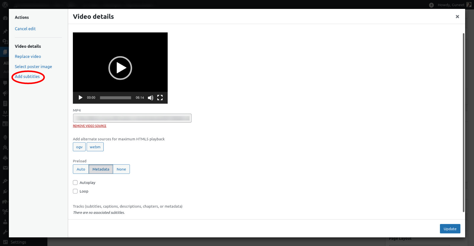 A screenshot of the video details dialog in the WordPress editor, with the 'add subtitles' option encircled in red